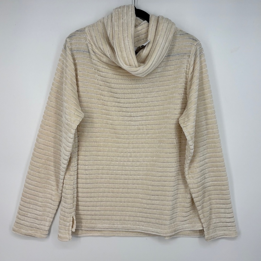 Le Moda Womens XL Cowl Neck Top Cream Velour Sheer Stripes Long Sleeves Relaxed